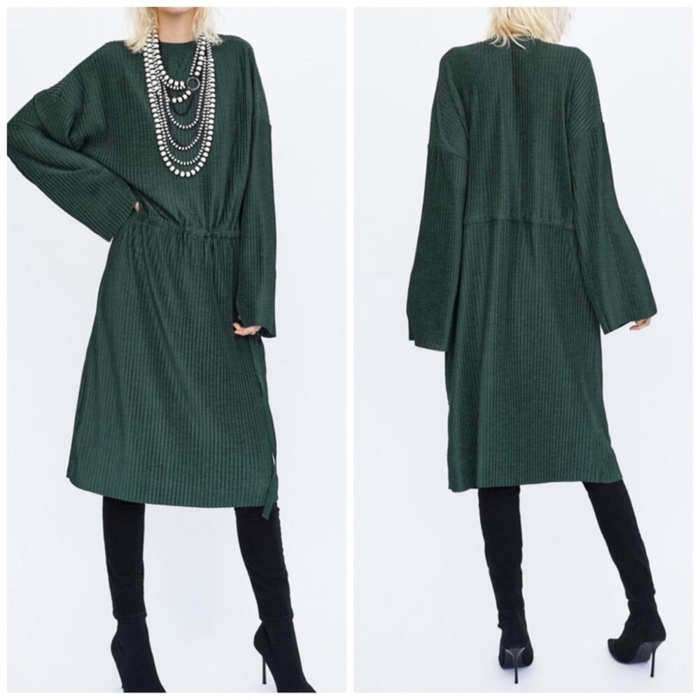 Zara Women's Hunter Green Ribbed Round‎ Neck Oversized Dress Size Medium NEW